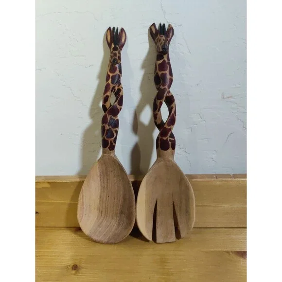 Vintage Carved Wood Kitchen Art Salad Set Spoon Fork Giraffe Africa style 11