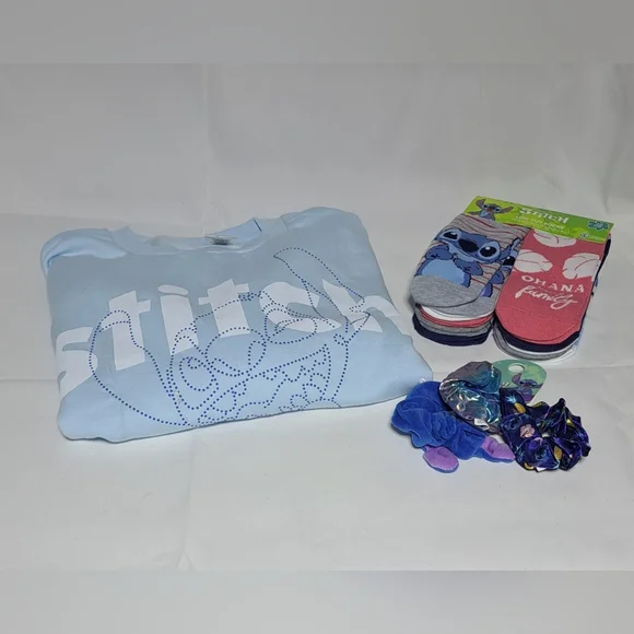 Disney Stitch Girls Sweatshirt‎ Size Youth S Socks 4-10 Scrunchies Set NEW