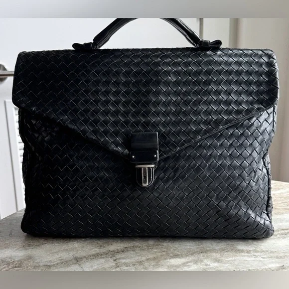 Bottega Veneta Briefcase Intrecciato Envelope Black Woven leather business bag