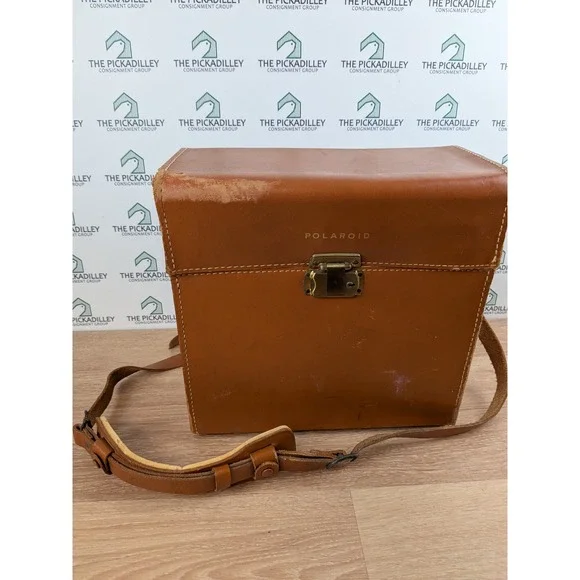 Vintage Polaroid Tan Leather Camera Case Box Bag Adjustable Strap Gold Hardware