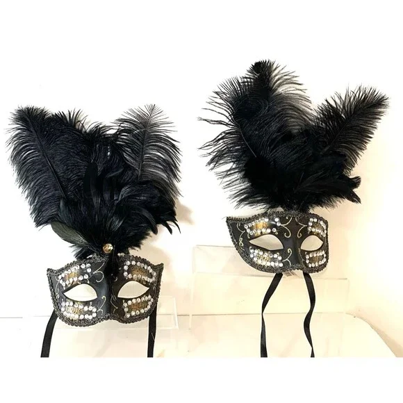 Lot of 2 Masquerade Black & Gold Venetian-Style Mask W/Feathers Glitter & Stones