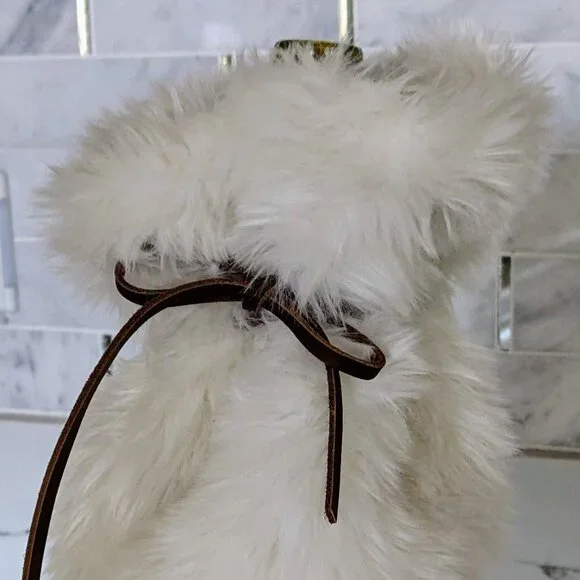 RESTORATION HARDWARE Creme Faux Fur Wine Bag Leather Ties