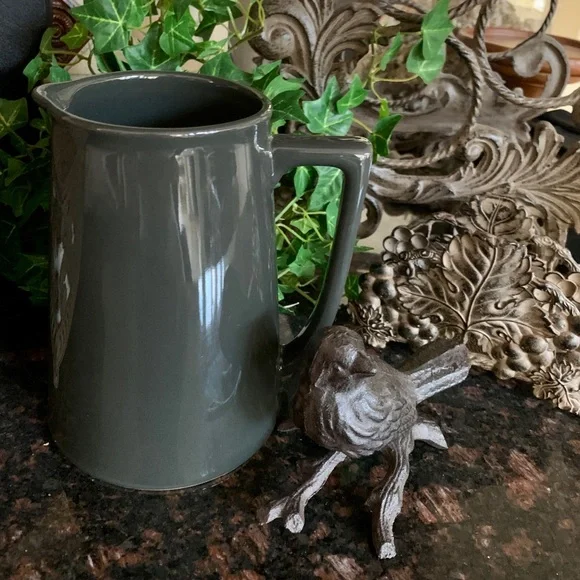 Restoration Hardware Beautiful Dark Olive Green Stoneware Pitcher New