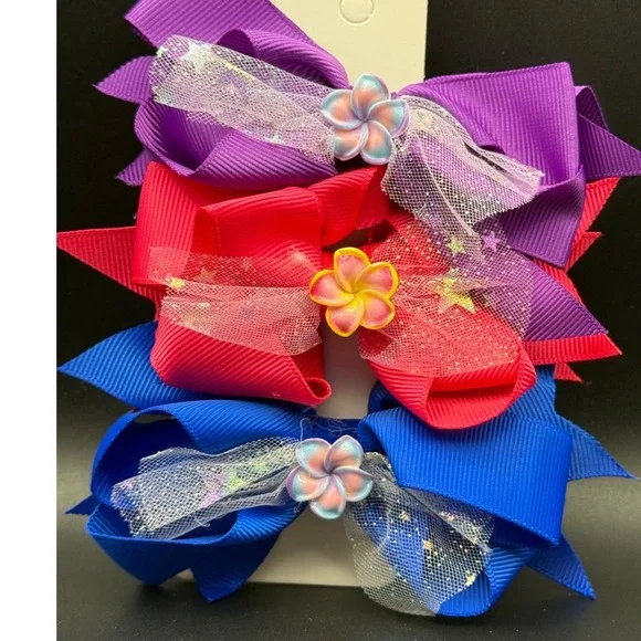 3pc Girls Hair Bow‎ Clips Grosgrain Ribbon Tulle Flower Purple Pink Blue Set