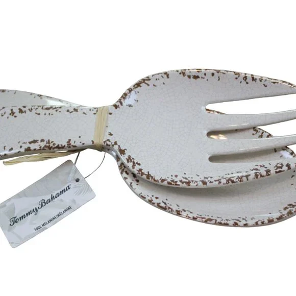 Tommy Bahama Ivory Rustic Crackle Salad Fork Spoon Serving Set Melamine 11