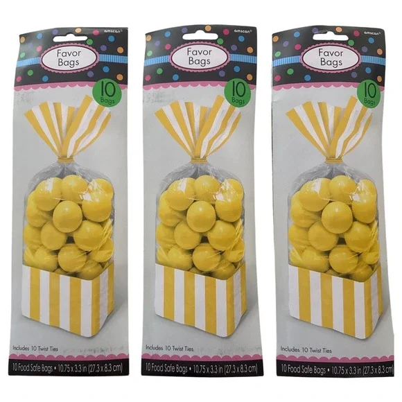 Amscan Yellow Striped Food Safe Favor Bags 30 Count 10.75x3.3 Party Supplies
