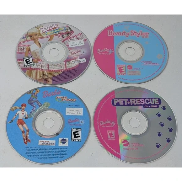 Barbie PC Game CD-ROM Lot Super Sports Storymaker Pet Rescue Beauty Styler‎ VTG