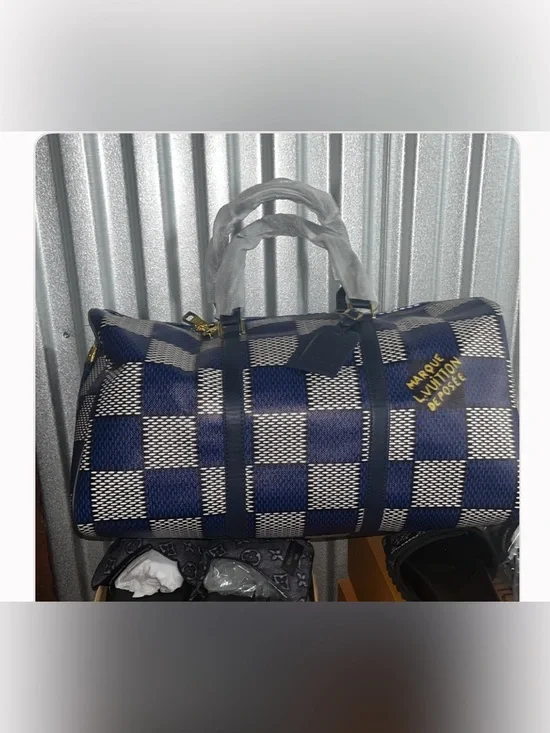 Designer InspoSource Unknown Navy and White Checkered Duffel Bag wi/ Gold Accent