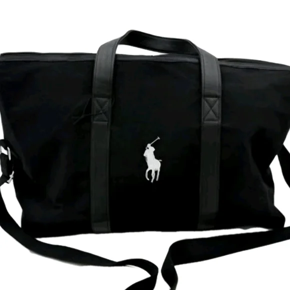 Ralph Lauren Black Duffle Bag w/ Silver Polo Horse Logo Gym/ Travel /Work (NWOT)