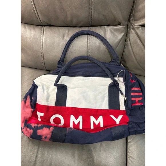 Tommy Hilfiger Canvas Duffle Bag Navy White Red Logo Distressed tie die Carryon