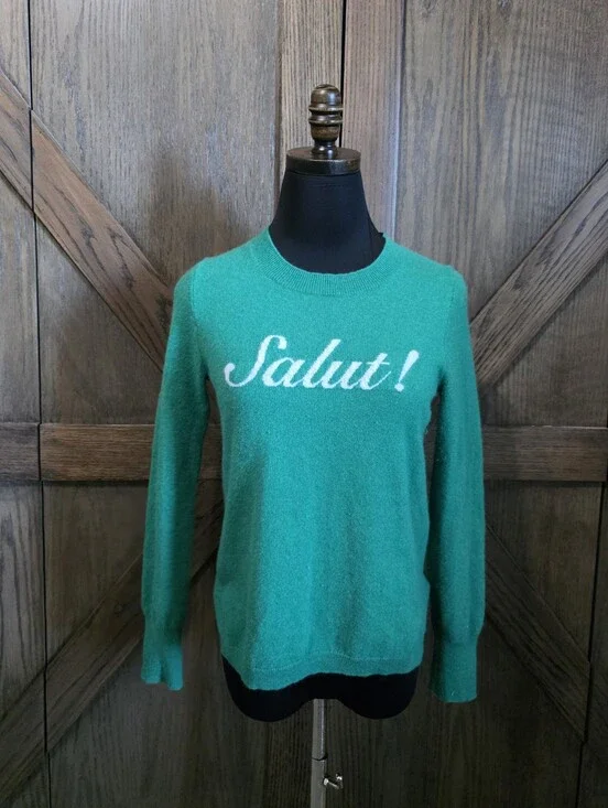 J. Crew Cashmere Green Crewneck Sweater with White 