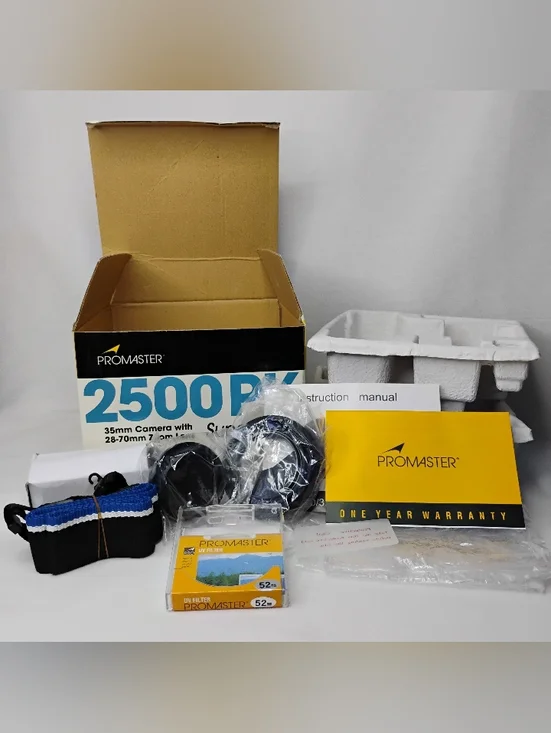 (NO CAMERA) Promaster 2500PK 35mm Super Zoom Box + Strap Lens Cap Eyepiece Cover