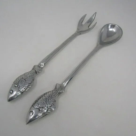 Vintage Fish Handle Salad Serving Set Aluminum Spoon Fork Coastal Decor 12.5