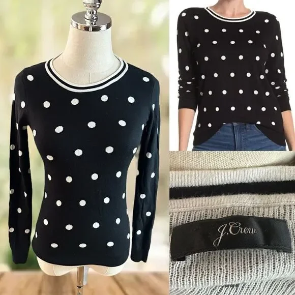 J. Crew Crewneck Pullover Sweater Jumper in Black Ivory Polka Dot Size S