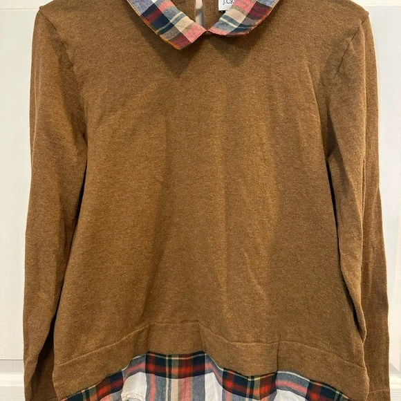 0046 J.Crew Brown Sweater w/ Plaid Shirt Hem &‎ Collar Layered Look Top