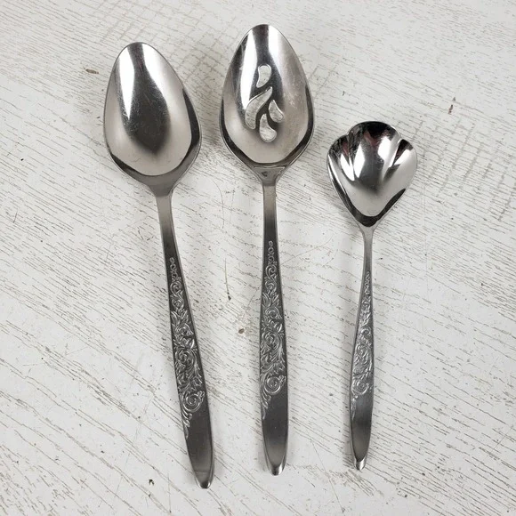 EKCO Eterna Meditation Stainless Serving Set 3pc Slotted Shell Sugar Spoon Japan