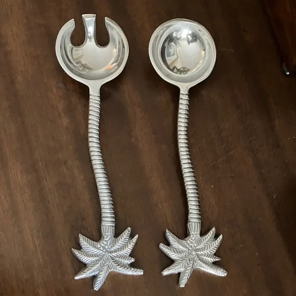 Pewter Salad Serving Set - 2 Piece Palm Tree 13 inches Long