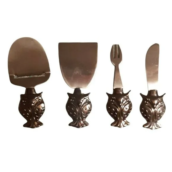 4 Pc. Owl Themed Appetizer Spreader Fork Knife and Cheese Cutter