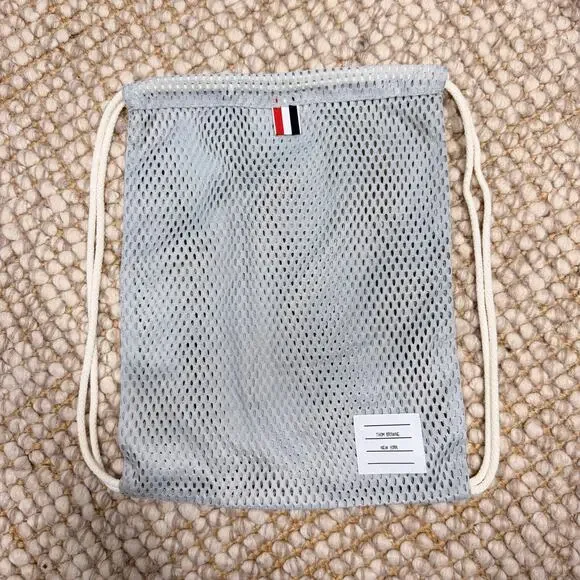 Thom Browne Designer Mesh Gym Bag Perforated Drawstring Bag EUC Gray & White