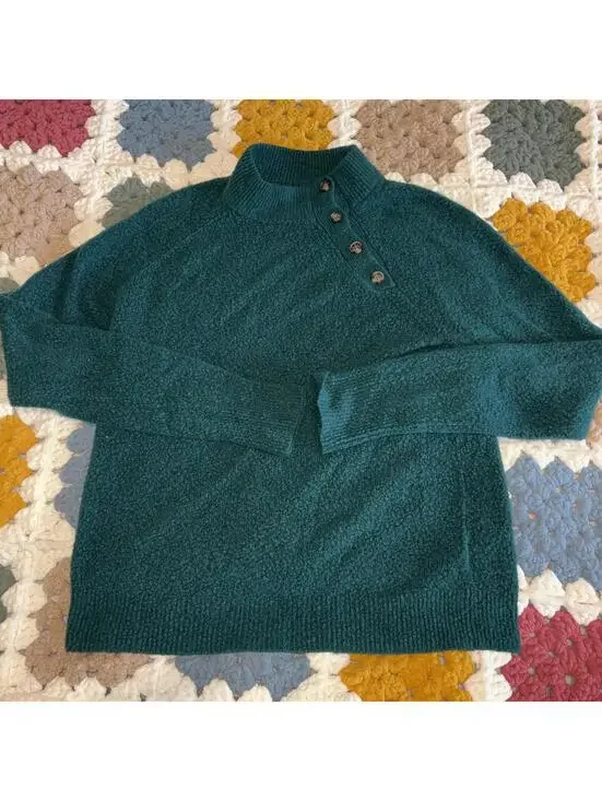 J.Crew Merino Wool Blend Women's XS Green Buttoned Mock Neck Sweater Cozy Casual