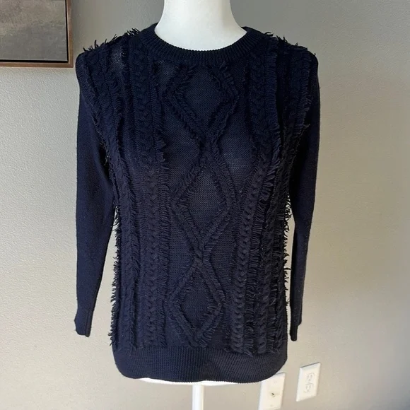 J. Crew Wool Cable Knit Crewneck Fringe Sweater Navy Blue