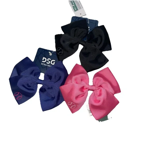 DSG Softball Hair Bow Lot Of 3 Blue, Pink &Black Hair Bows NWT Youth Ye34