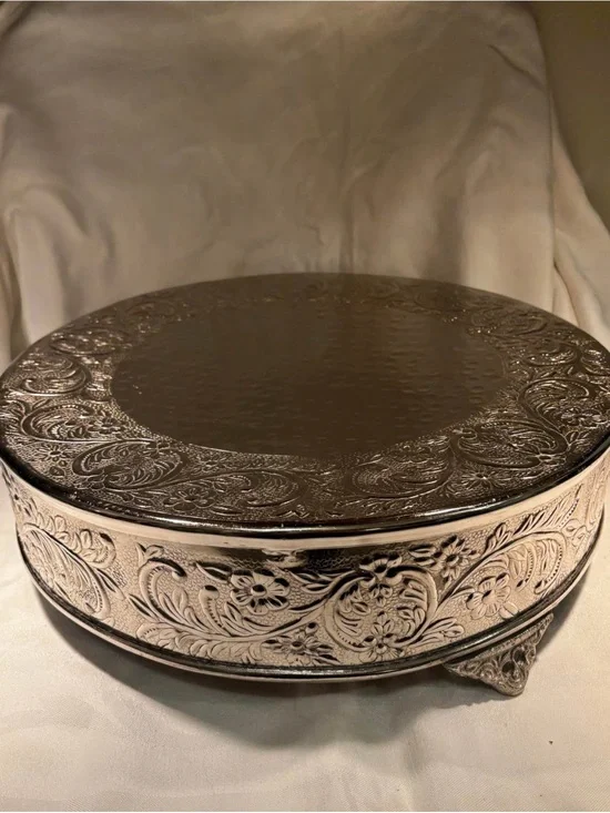 Ornate Round Decorative Silver-Plated Jewelry Box