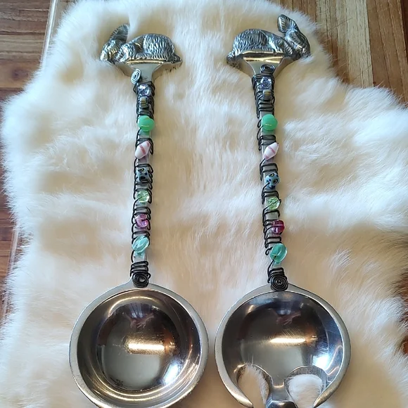 Pewter Salad/Serving Spoons Bunnies Easter Multi Color Stones High Quality.