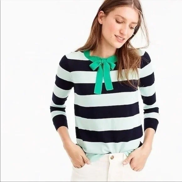 J. Crew 100% Thin Merino‎ Wool Navy Mint Striped Sweater with Green Bow - Large