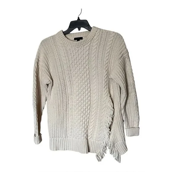 J. Crew Cream Fisherman Cable Knit Sweater with Slit & Fringe Detail Size Medium