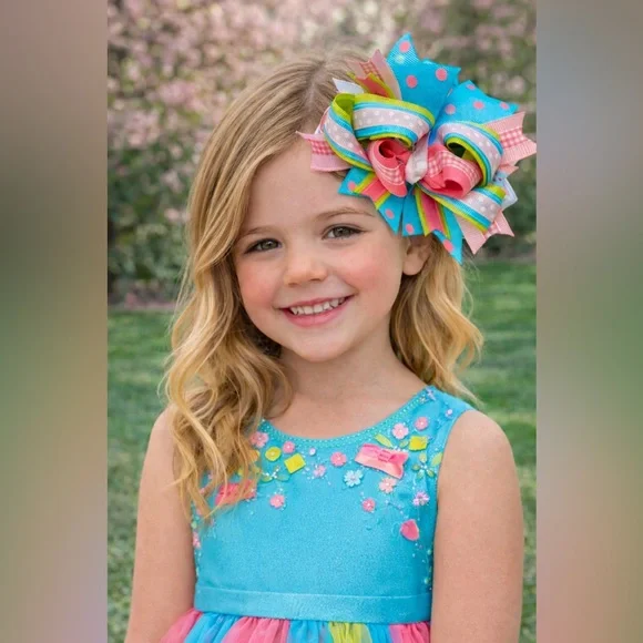 Unique One of a Kind Handcrafted Girls Hair Bow Pink‎ Blue Gingham Dots French