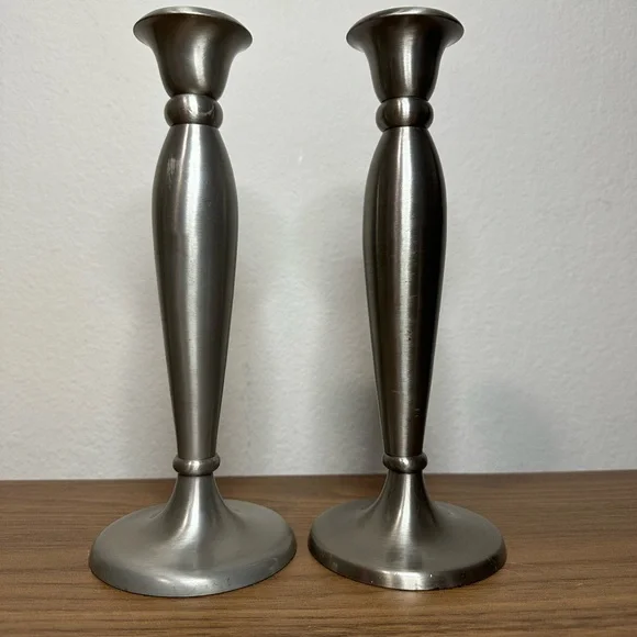 Restoration Hardware Silver/Brushed Nickel Metal Taper Candle Holders Set of 2