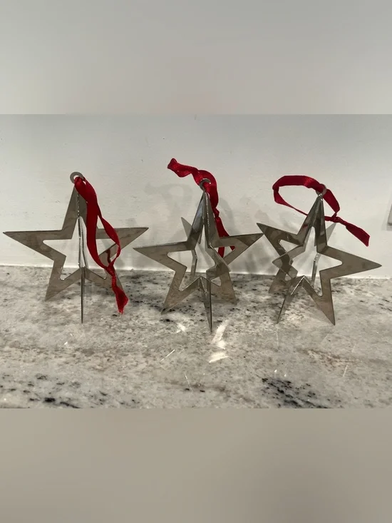 3 restoration hardware 3d Metal Star Holiday Ornament with Red Ribbon RARE
