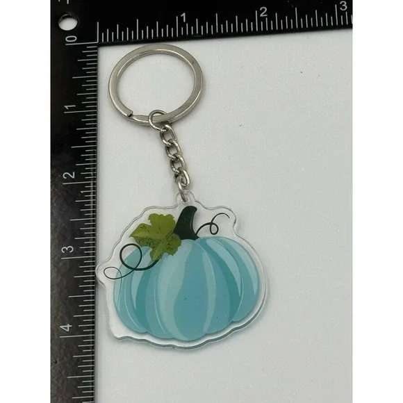 Blue Pumpkin Acrylic Keychain‎ Fall Autumn Harvest Bag Charm Silver Ring