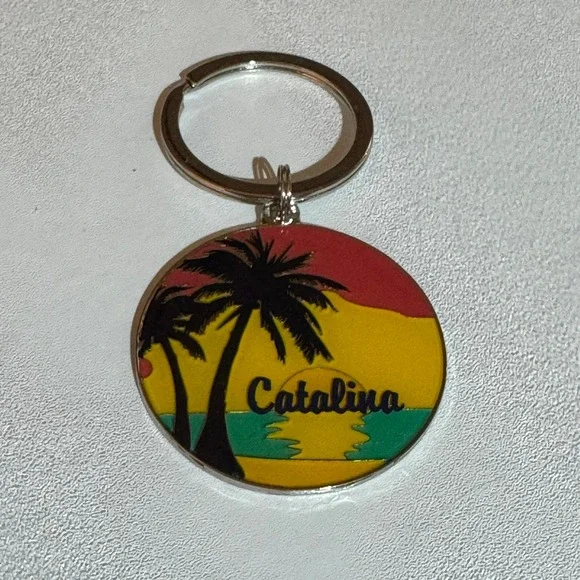 Catalina Florida Souvenir‎ Round Keychain Tropical Palm Tree Sunset Design