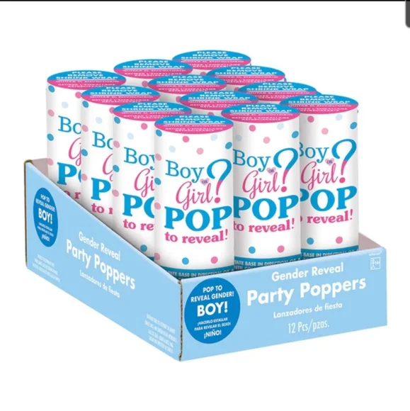 New - 10 Pack Gender Reveal Party Poppers - Blue (boy)