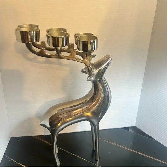 RESTORATION HARDWARE Christmas Silver Reindeer Candle Votive 6 Holder Heavy