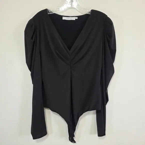 ASTR The Label Womens Black V Neck Puff Sleeve Bodysuit Size XL