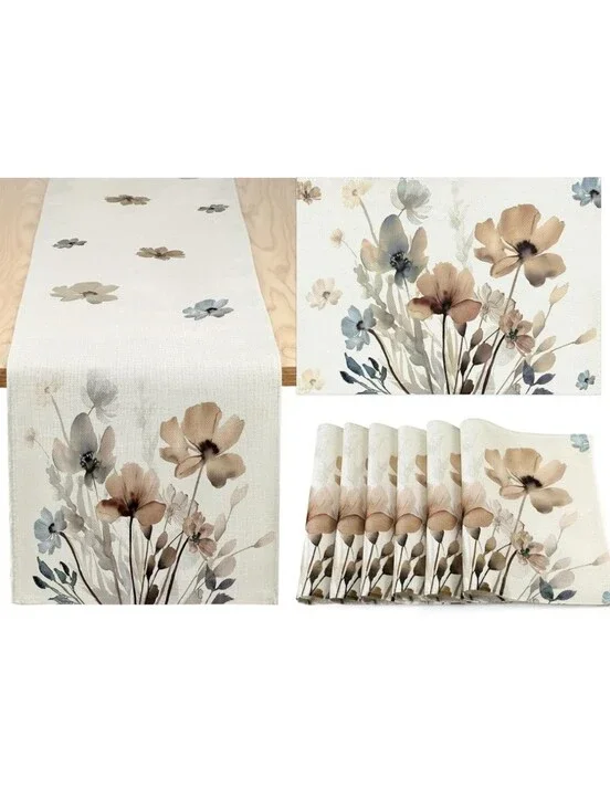 Floral Linen Table Runner Set - Beige & Blue