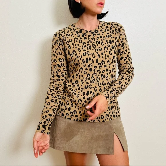 J. Crew Tan and Black Leopard Print Everyday Cashmere Crewneck Sweater