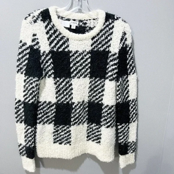 J. Crew Womens Ivory Black Pullover Sweater XS Buffalo Plaid Alpaca Chunky Check