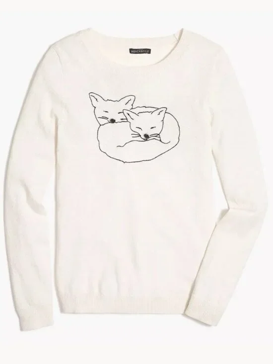 J. Crew Mercantile Cream Sweater with Cuddling Fox Embroidery Size XS