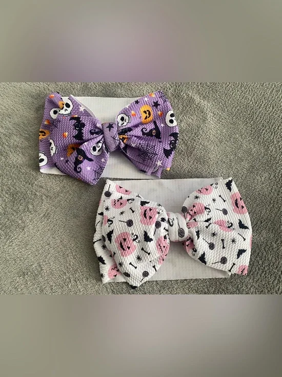 2pc Halloween Bow Headbands Girls Purple White Pumpkin Bat Skull Hair Bows New