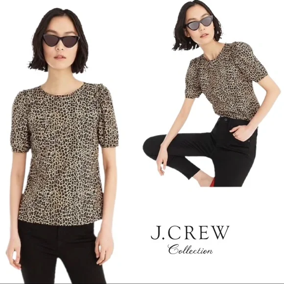 J Crew Puff-sleeve top in leopard print cotton pop