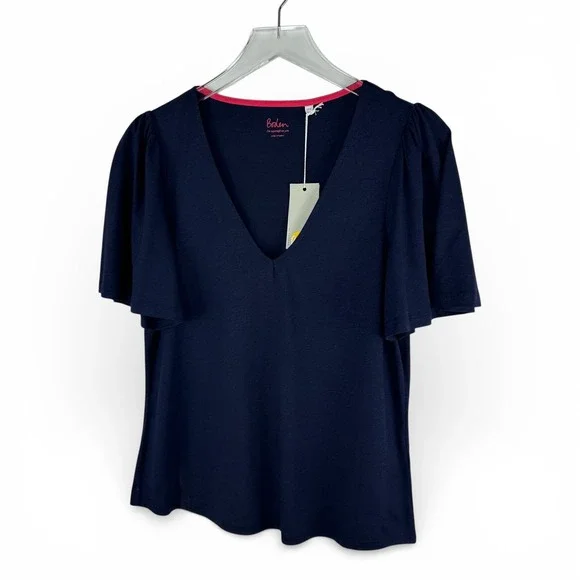 Boden Navy Blue Super‎ Soft V Neck Flutter Sleeve T Shirt Top Womens US 8 UK 12