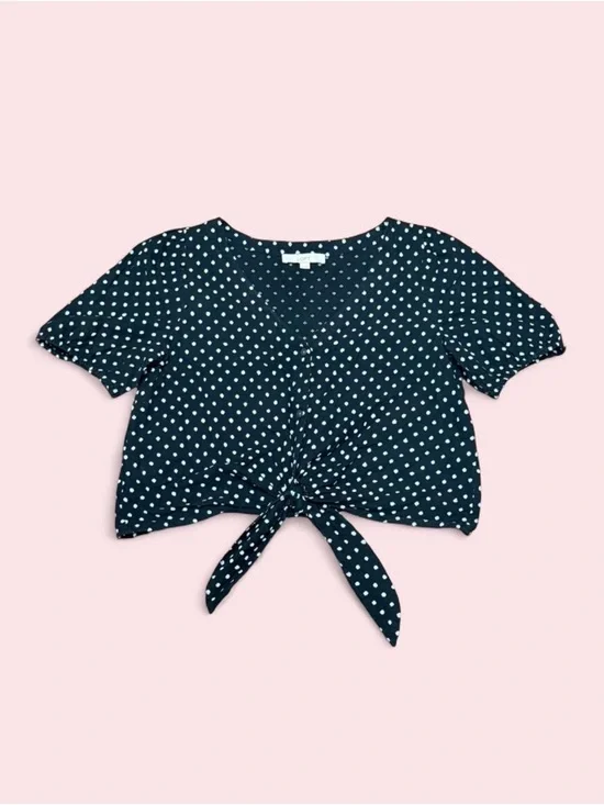 LOFT Polka Dot Tie Front Blouse M Black White Puff Sleeve Cottagecore Pinup Top