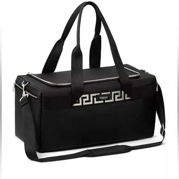Versace Logo Black & Silver Weekend Bag Duffle Gym Travel Luxe