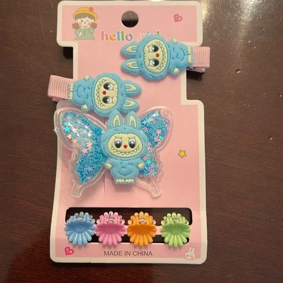 Blue cartoon labubu monsters Hair Clips Set for Kids