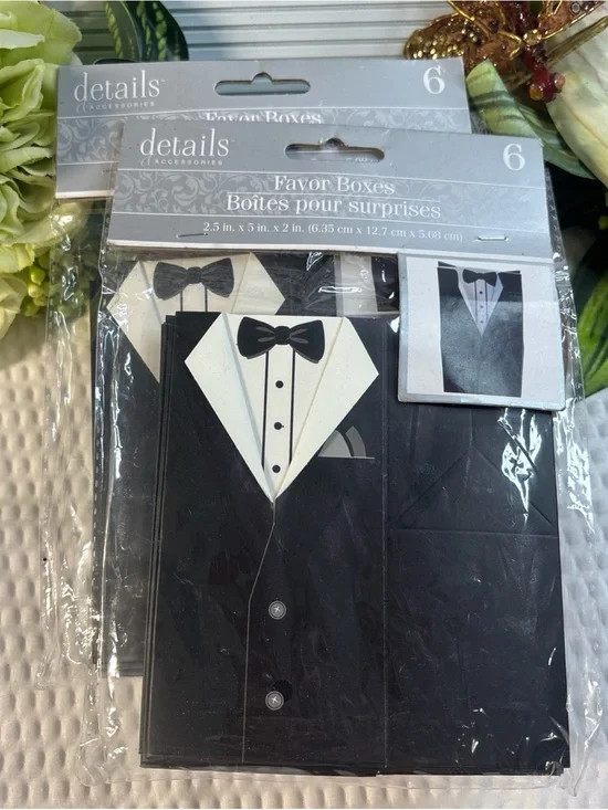 Details Accessories Wedding Favor Boxes Groom Tuxedo Suit Black White Pkg of 12