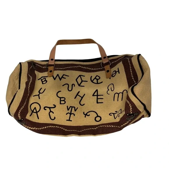 Western Cattle Brand Canvas Duffel Bag Brown Tan Leather Handle Travel Weekender